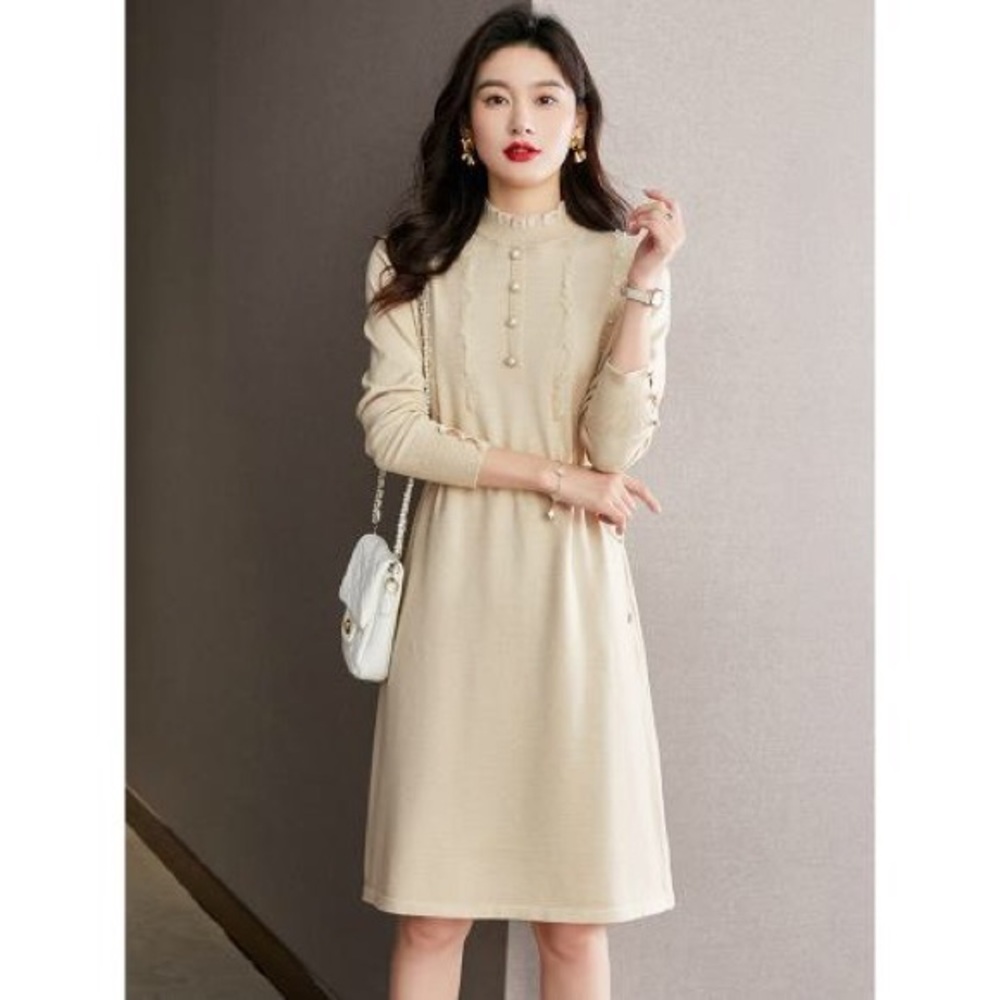 Lai Meng Five Cats Beige Long Sleeve Sweater Dress with Pearl and Lace Detailing